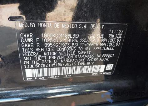 2024 Honda Hr-V 2Wd Sport/2Wd Sport W/O Bsi z USA, uszkodzony, nr VIN 3CZRZ1H51RM730216